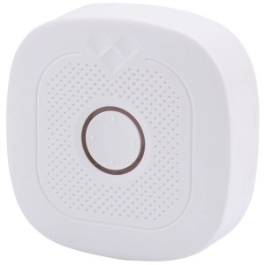 Weißes Olympia Smart Home Gateway ProMini 20, quadratisch mit abgerundeten Ecken, Lautsprechergitter und zentralem Knopf.