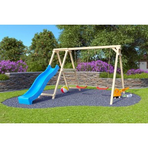 Balancelle double Karibu Felix avec toboggan bleu et structure d'escalade dans le jardin.