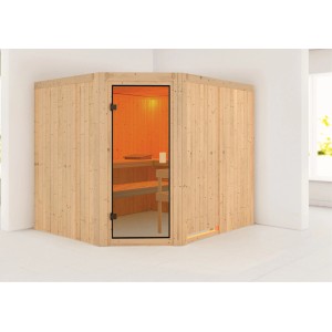 Sauna Karibu Horna con ingresso ad angolo e porta in vetro bronzato. Sauna in legno massello per interni.