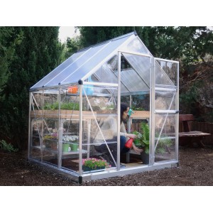 Serre Palram Canopia Hybrid 1.9x1.9 argent avec parois latérales transparentes et plantes.