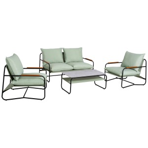 Salon de jardin 4 pièces Acamp Volos avec coussins vert menthe et table à plateau gris.