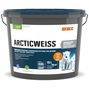 Seau de peinture murale OBI Arctic White, 15 l, peinture d'intérieur blanche mate à fort pouvoir couvrant.