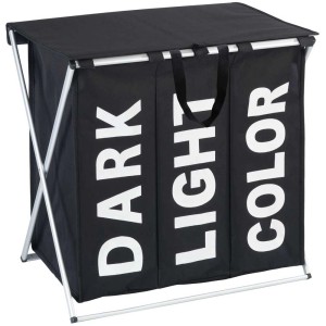 Cesto portabiancheria Wenko Trio nero, 118 l, con 3 scomparti e coperchio per la separazione del bucato.