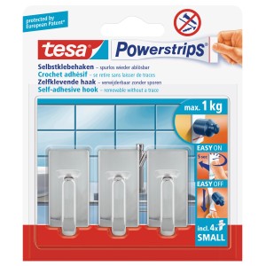 tesa Crochets adhésifs chromés carrés, 3 pièces avec Powerstrips Small, pour un retrait sans trace.