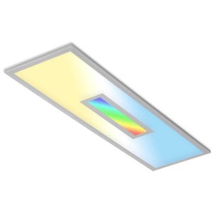 Silberfarbige Brilo Panel Centro S LED-Deckenleuchte mit RGB und CCT Funktion.