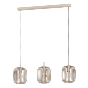 Lampada a sospensione color sabbia Eglo Romazzina con 3 paralumi a listelli metallici.