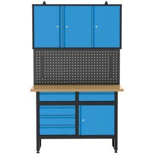 Établi Güde GW 5/1, ensemble 3 pièces, bleu-noir, avec établi, panneau perforé et armoire murale.