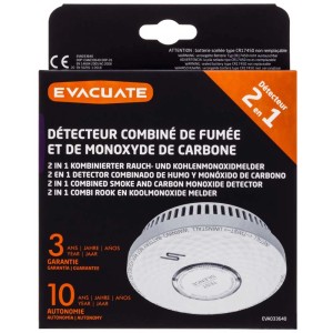 Emballage du détecteur de fumée et de monoxyde de carbone 2en1, détecteur blanc visible.