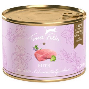 Terra Felis nourriture humide pour chat dinde, boîte de 200g. Recette sans céréales à haute teneur en viande.