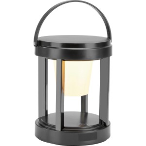 Lanterne solaire LED noire, ronde, Ø 13 cm x 18 cm, avec anse. Idéale pour le jardin et le balcon.