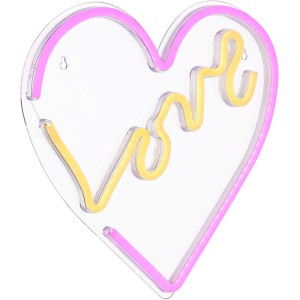 Applique néon Globo blanche en forme de cœur avec bordure rose et inscription "Love" jaune.