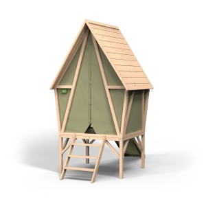 Cabane de jeux Exit Yuki 300 avec toboggan, bois et bâche verte, échelle pour l'entrée.
