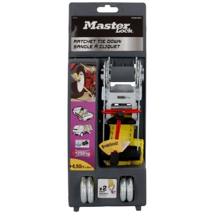 Sangle d'arrimage à cliquet Master Lock avec crochets en J, longueur 4,5 m, capacité 1250 kg, emballée.