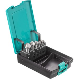 Set di svasatori HSS Technocraft, 6 pezzi, in scatola di plastica. Svasatori conici e sbavatori per svasature precise.