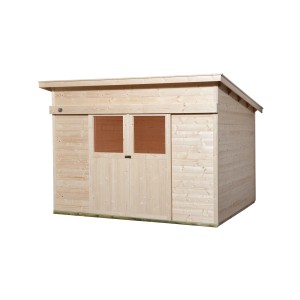 Casetta da giardino in legno Weka Turin non trattato con tetto a una falda, 295x249 cm. Legno naturale con doppia porta e due finestre.