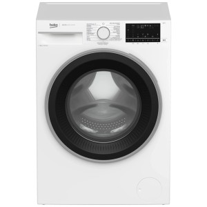 Lave-linge frontal Beko WM325 blanc, 9 kg, 1400 tr/min, avec porte noire et affichage numérique.