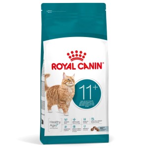 Royal Canin FHN Ageing 11+ cibo secco per gatti anziani da 11 anni. Confezione bianca con gatto rosso.