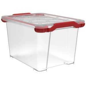 Transparente Rotho Box Evo Total 44L mit rotem Deckel und Griffen. Aufbewahrungsbox für Ordnung.
