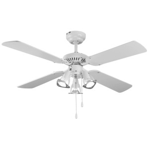 Ventilateur de plafond blanc CMI (Ø 107 cm) avec 4 pales et lumière intégrée.