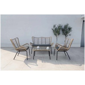 Salon de jardin 4 pièces Acamp Korfu avec fauteuils en rotin, banc et table avec plateau en verre.