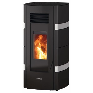 Poêle à granulés Justus Sia, acier noir et blanc, 8 kW, avec flamme visible.