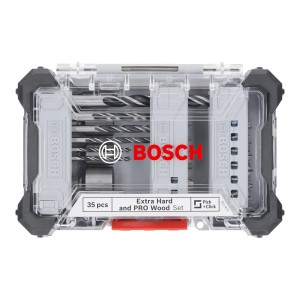 Set Bosch Pro Wood da 35 pezzi con inserti per avvitatura e punte per legno in custodia trasparente.