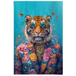 Maxiposter: Tiger mit Sonnenbrille und Blumenanzug, 61x91,5 cm. Dekoratives Poster für Wohnräume.