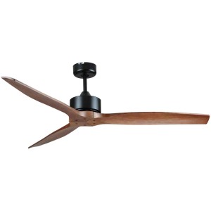 Ventilateur de plafond Sonnenkönig Livorno avec trois pales en bois et boîtier noir.