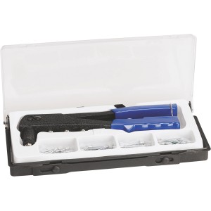 Set pinza rivettatrice in valigetta: pinza con manici blu e rivetti in pratica scatola.