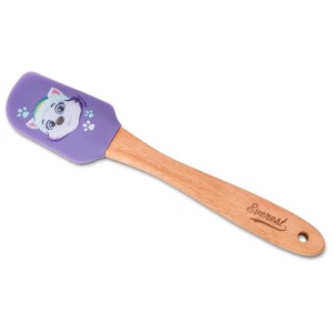 Spatule Paw Patrol Everest, silicone violet avec manche en bois et boucle de suspension.