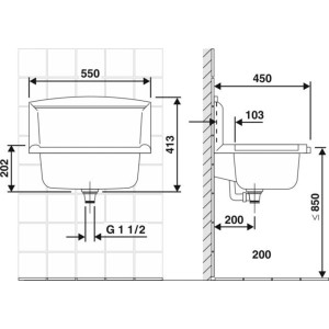 Disegno tecnico del lavatoio Ausgussbecken Multi Bianco con dimensioni per l'installazione.