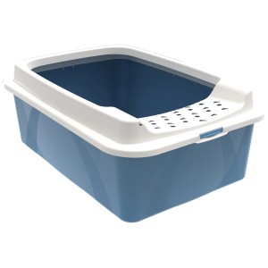 Bac à litière pour chat Rotho Tray M Bonie, gris-bleu, avec entrée basse et bord de protection.