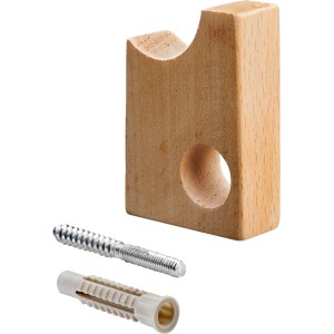 Hettich Wandhaken Typ 77 aus naturfarbenem Buchenholz mit Kleiderbügelöffnung, Schraube und Dübel für Garderobe.