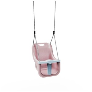 Altalena per neonati OutdoorToys rosa antico con barra di sicurezza e corde di sospensione.