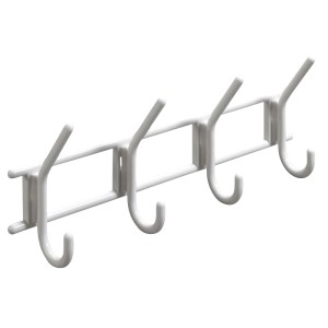 Weiße Hettich Garderobenleiste mit 4 Haken aus Metall zum Anschrauben.