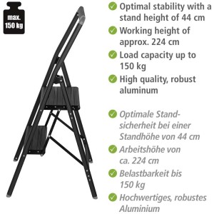 Wenko Scaletta pieghevole Compact Alu, 2 gradini, nera. Scala in alluminio con maniglia, altezza 84,5 cm.
