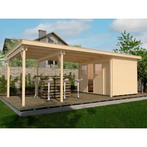 Casetta da giardino in legno Weka Loungehaus 225 non trattata con tetto piatto e terrazza coperta.