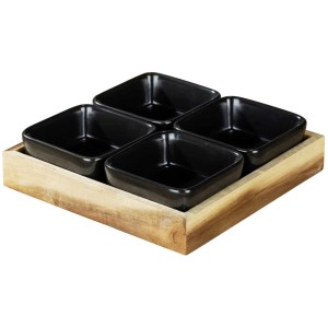 Wenko Dip-Schalen Elo, 5-tlg., mit 4 schwarzen Keramikschalen auf Akazienholztablett.