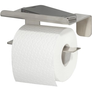 Porta carta igienica Tiger Colar con ripiano in acciaio inox spazzolato, con carta igienica e smartphone.