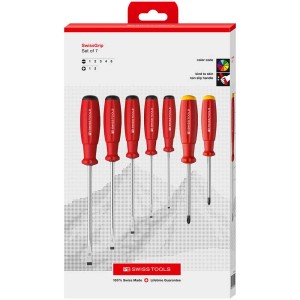Jeu de tournevis PB 8250 CBB en boîte, 7 pièces avec manches rouges. Fente et cruciforme.
