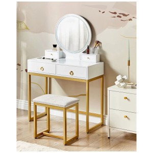 Coiffeuse blanche Beliani Auxon avec miroir LED et tabouret, cadre doré.