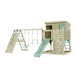Torre gioco PolarPlay Aksel verde menta con altalena, scivolo e parete da arrampicata.
