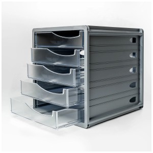Rotho Spacebox mit 5 Schubladen, grau. Büro Aufbewahrungsbox zum Stapeln für Bürobedarf.