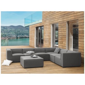 Ensemble lounge Beliani Arezzo gris, canapé modulable 7 places avec pouf pour jardin ou terrasse.