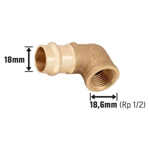 Raccordo a pressare a 90 gradi in bronzo, 18 mm x 18,6 mm (Rp 1/2), per tubi in rame.