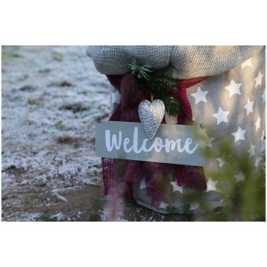 Targa da porta 'Welcome' in metallo grigio (8x25 cm) come figura decorativa con filo per appenderla.