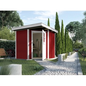 Casetta da giardino in legno Weka Angolo A, tetto piatto, rosso svedese, 209x205 cm, con porta aperta in giardino.