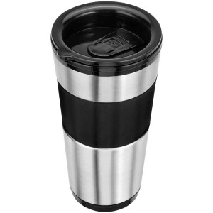 Clatronic Macchina da caffè KA 3733: Tazza termica in acciaio inox con rivestimento soft-touch nero e apertura per bere.