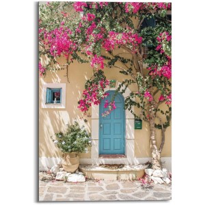 Reinders Deco Panel Mediterran Door: Blaues Türbild mit pinker Bougainvillea an gelber Fassade, 60x90 cm MDF Wandbild.
