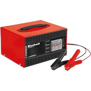 Caricabatterie Einhell CC-BC 5 in alloggiamento d'acciaio rosso con amperometro e morsetti.